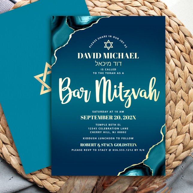 Invitation En Aluminium Bar Mitzvah Script Turquoise Ombre Agate Real Gold (Créateur téléchargé)