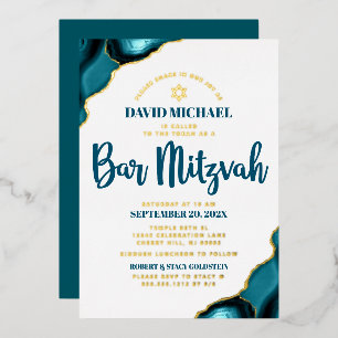 Invitation En Aluminium Bar Mitzvah Turquoise Agate Gras Or Véritable Scri