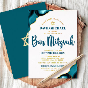 Invitation En Aluminium Bar Mitzvah Turquoise Agate Gras Or Véritable Scri