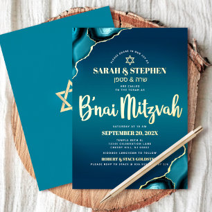 Invitation En Aluminium Bar Mitzvah Turquoise Ombré Agate Doré Gras