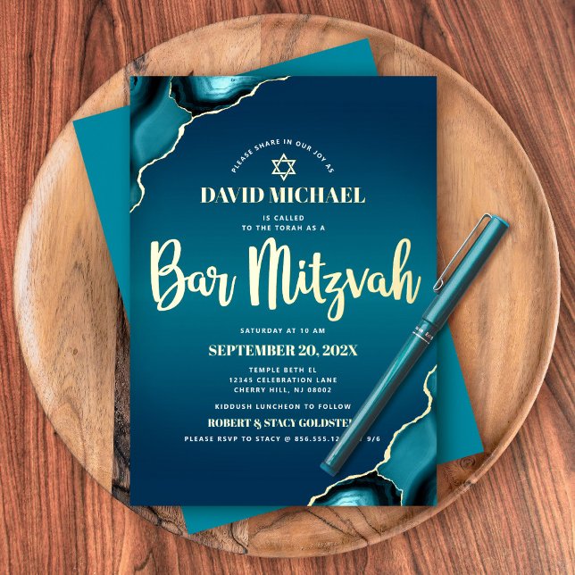 Invitation En Aluminium Bar Mitzvah Turquoise Ombre Agate Script Real Gold (Créateur téléchargé)