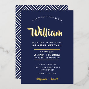 Invitation En Aluminium BAR MITZVAH typographie moderne calligraphie marin