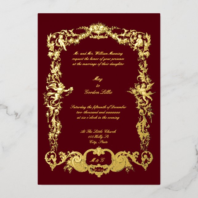 Invitation En Aluminium Baroque Rococo Floral Antique Guirlandes & Chérubi (Recto)