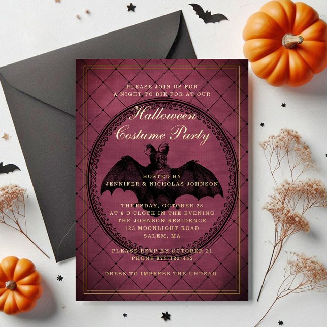 Invitation En Aluminium Bat gothique de Bourgogne Halloween Costume Party (Burgundy Gothic Bat Halloween Costume Party Foil Invitation)