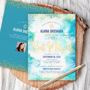 Invitation En Aluminium Bat Mitzvah aquarelle turquoise photo or véritable