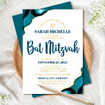 Invitation En Aluminium Bat mitzvah Bold Turquoise Agate Script Real Gold<br><div class="desc">Soyez fier, réjouissez-vous et présentez cette étape importante de votre Bat mitzvah préféré ! Envoyez cette invitation cool, unique, moderne, personnalisée en feuille d'or réelle pour un événement à retenir. Typographie de script bleu foncé, véritable feuille d'or sans serif typographie, et un vrai feuille d'or Star of David superposent un...</div>