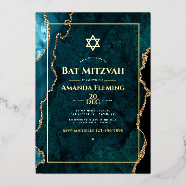 Invitation En Aluminium Bat mitzvah d'agate turquoise et Gold Faux (Recto)