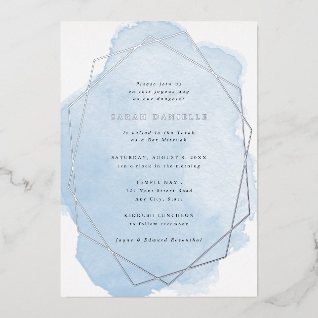 Invitation En Aluminium Bat mitzvah d'aquarelle bleu-cadre argent réel (Recto)