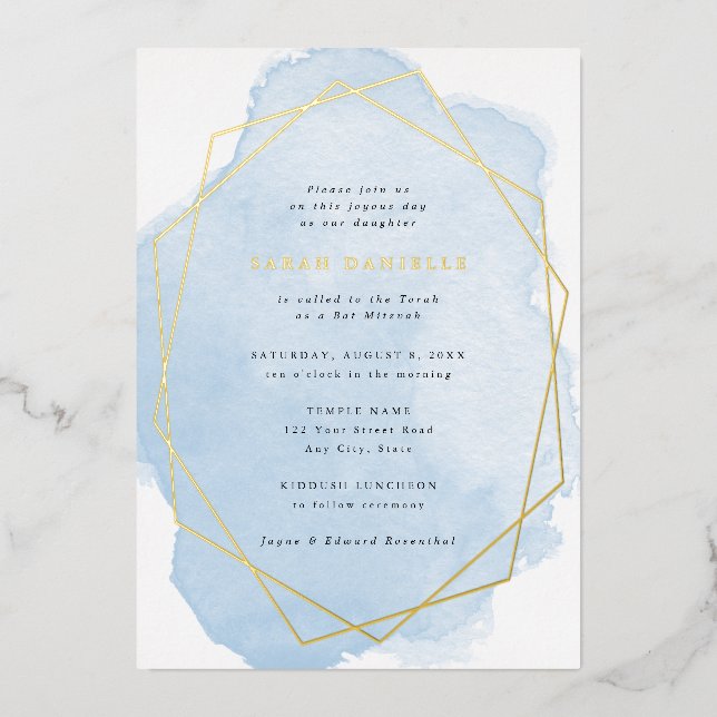Invitation En Aluminium Bat mitzvah d'aquarelle bleu-cadre Gold (Recto)