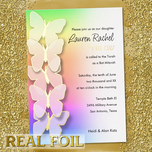 Invitation En Aluminium Bat mitzvah Dimensional Butterfly Rainbow Gradient (Créateur téléchargé)
