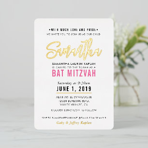 Invitation En Aluminium BAT MITZVAH écriture moderne rose doré joli