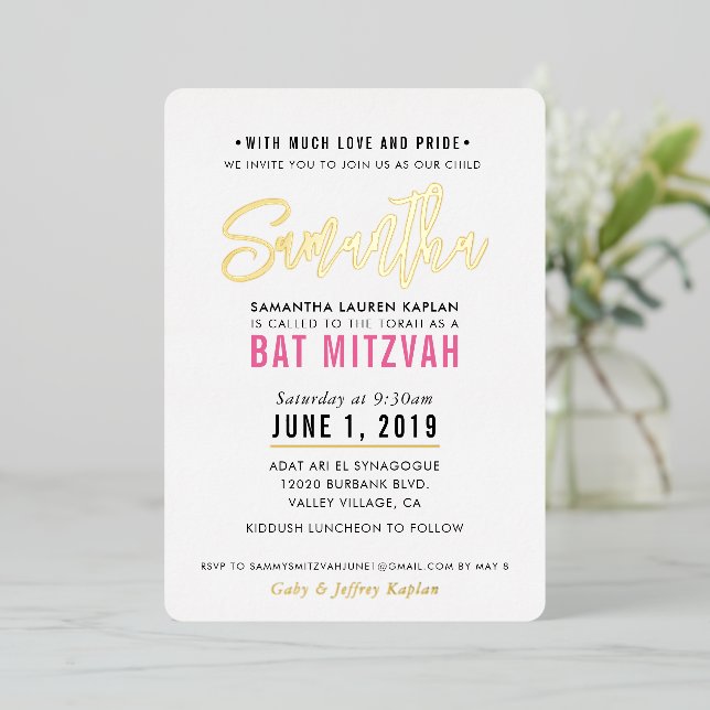 Invitation En Aluminium BAT MITZVAH écriture moderne rose doré joli (Debout devant)