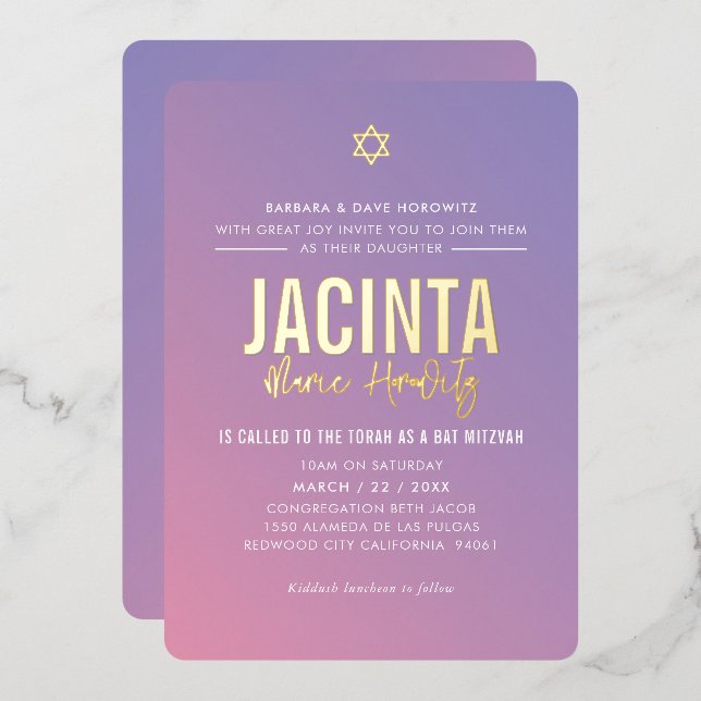 Invitation En Aluminium BAT MITZVAH étoile moderne dégradé violet rose  (Recto/Verso)