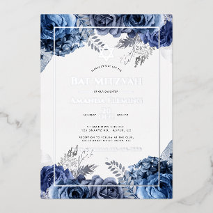 Invitation En Aluminium Bat mitzvah floral marine et argent