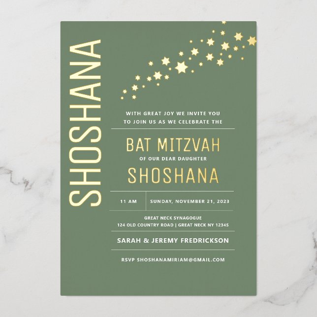 Invitation En Aluminium Bat Mitzvah Moderne Élégant OR VÉRITABLE (Recto)