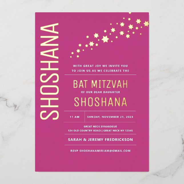 Invitation En Aluminium Bat mitzvah Moderne Élégant VRAI OR (Recto)