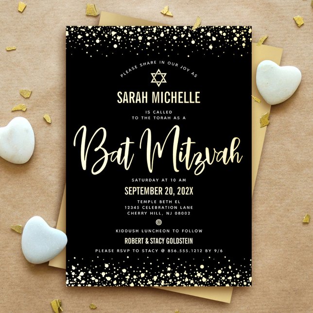 Invitation En Aluminium Bat mitzvah Moderne Gras Script Noir Vrai Or (Créateur téléchargé)