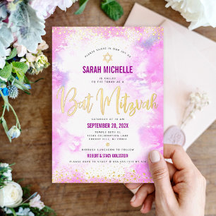 Invitation En Aluminium Bat Mitzvah moderne rose aquarelle fille or vérita