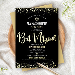 Invitation En Aluminium Bat Mitzvah Noir Élégant Moderne Écriture Or Réel