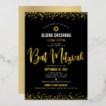 Invitation En Aluminium Bat mitzvah Noir Élégant Script Moderne Véritable<br><div class="desc">Soyez fier, réjouissez-vous et présentez cette étape importante de votre Bat mitzvah préféré ! Envoyez cette invitation de nom hébreu étonnante, moderne, sophistiquée, personnalisée pour un événement à retenir. Un véritable script graphique de calligraphie de feuille d'or, Star of David, et des points de confetti, superposent un arrière - plan...</div>