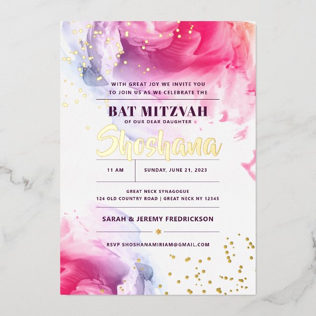 Invitation En Aluminium Bat mitzvah Parties scintillant aquarelle Invitati (Recto)