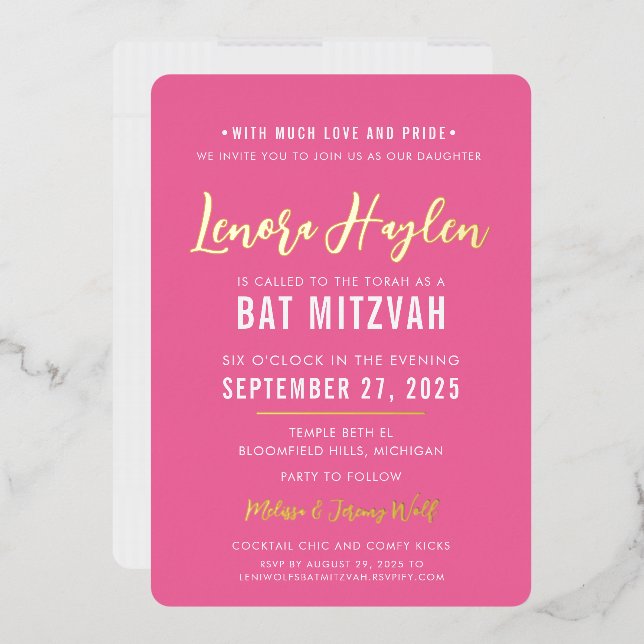 Invitation En Aluminium BAT MITZVAH script moderne joli or rose (Enveloppe)