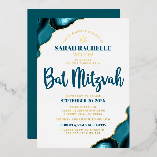 Invitation En Aluminium Bat Mitzvah Turquoise Agate Écriture Gras Or Vérit (Recto/Verso)