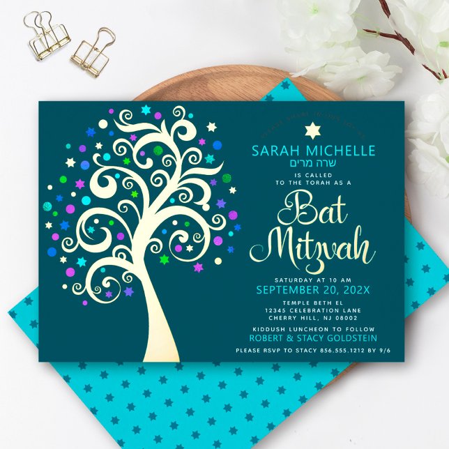 Invitation En Aluminium Bat mitzvah Turquoise Arbre de Vie Script Real Gol (Créateur téléchargé)