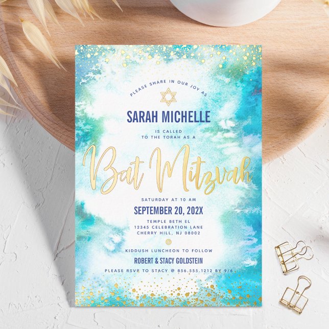 Invitation En Aluminium Bat Mitzvah turquoise moderne aquarelle or véritab (Créateur téléchargé)