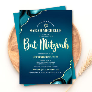 Invitation En Aluminium Bat Mitzvah Turquoise Ombré Agate Écriture Or Réel