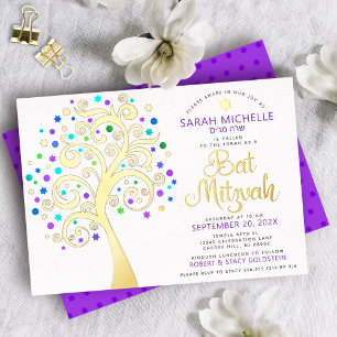 Invitation En Aluminium Bat mitzvah Violet Arbre de Vie Script Véritable O