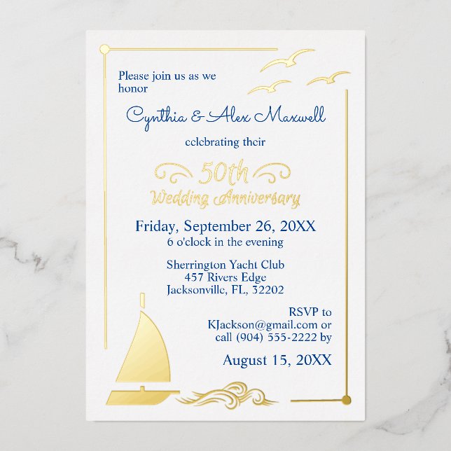 Invitation En Aluminium Bateau à voile 50e anniversaire de mariage Or (Recto)