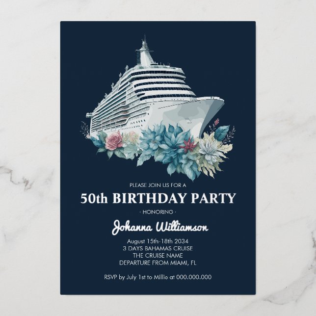 Invitation En Aluminium Bateau de croisière 50e Anniversaire Fête Luxe Arg (Recto)