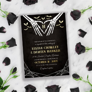 Invitation En Aluminium Bats d'or et squelette Coeur Goth Halloween Mariag