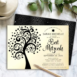 Invitation En Aluminium Batte Mitzvah Arbre de Vie Noir Écriture Réelle Or