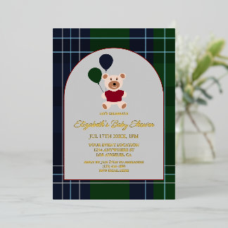 Invitation En Aluminium Bear & Balloons Plaid Baby Shower