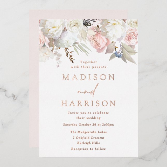 Invitation En Aluminium Beau Blush & Blanc Floral Mariage Rose Or (Recto/Verso)