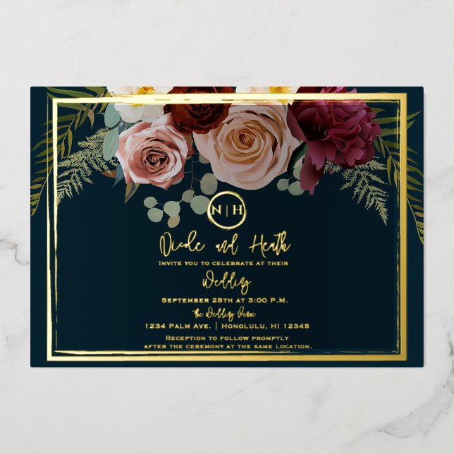 Invitation En Aluminium Beau Blush rose Bourgogne Floral Mariage (Recto)