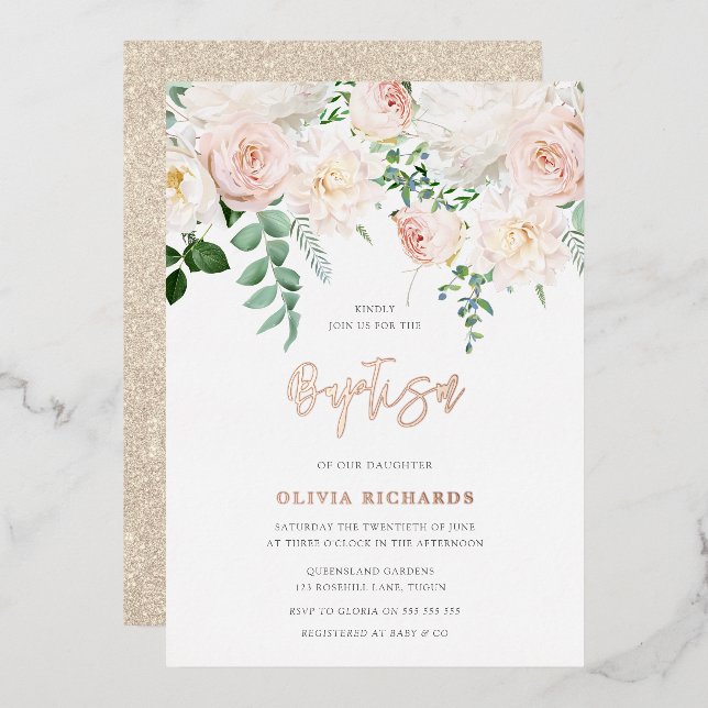 Invitation En Aluminium Beau Blush & Rose Gold Baby Girl Boy Baptism (Recto/Verso)