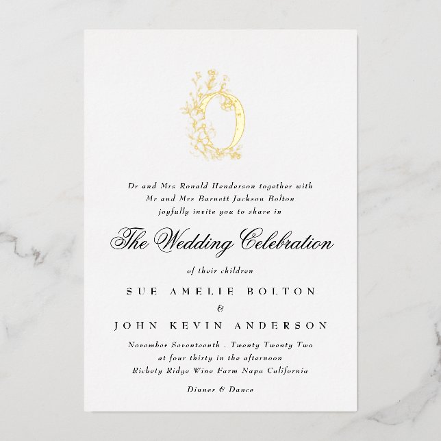 Invitation En Aluminium Beau Élégant Floral OR Monogramme Mariage (Recto)