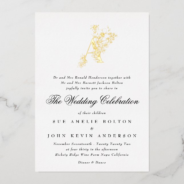 Invitation En Aluminium Beau Floral OR Monogramme Mariage esquissé (Recto)
