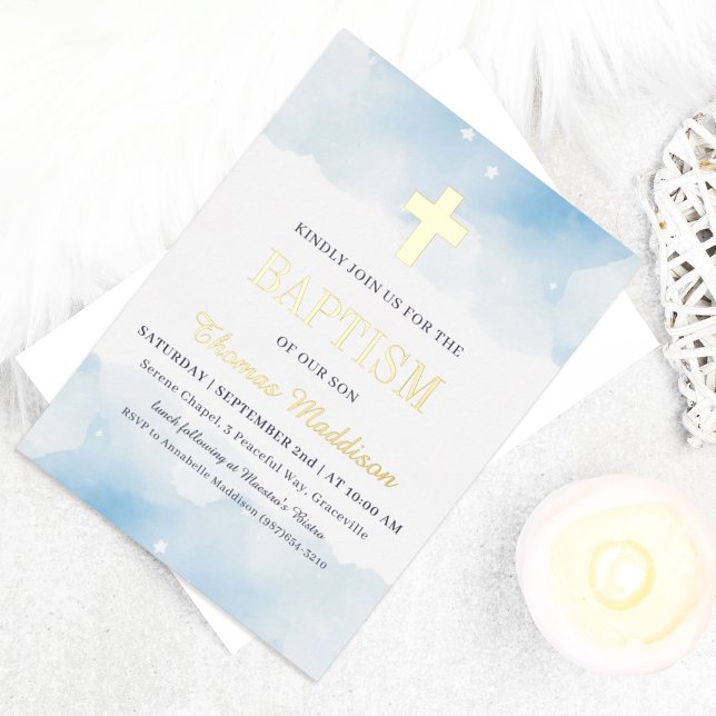 Invitation En Aluminium Bébé Bleu Aquarelle Nuages Croix Or Baptême (Créateur téléchargé)