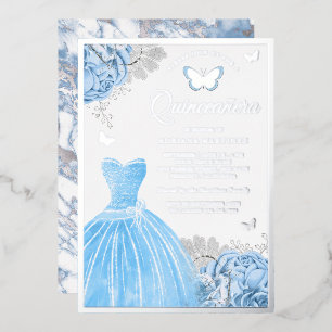 Invitation En Aluminium Bébé Bleu Floral Papillon Quinceanera Argent