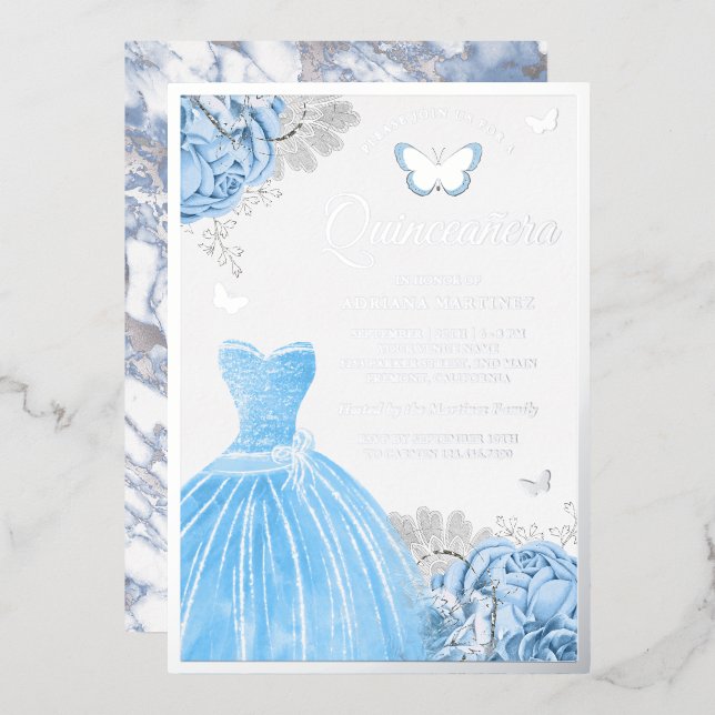 Invitation En Aluminium Bébé Bleu Floral Papillon Quinceanera Argent (Recto/Verso)
