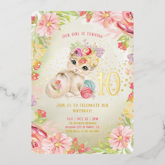 Invitation En Aluminium Bébé Chat Fleurs d'aquarelle Fille Anniversaire (Recto)