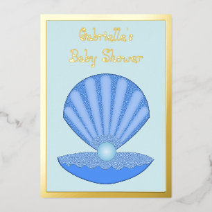 Invitation En Aluminium Bébé garçon Bleu Coquille d'huître et Perle Baby S