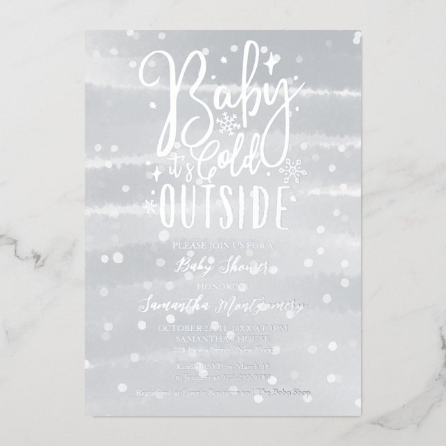Invitation En Aluminium Bébé Il fait froid dehors Baby shower gris hiver (Recto)