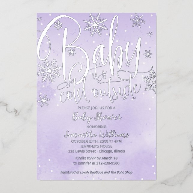 Invitation En Aluminium Bébé Il fait froid dehors Hiver Baby shower pourpr (Recto)