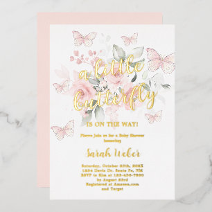 Invitation En Aluminium Bébé Papillon Rose Fille Baptême Véritable Feuille