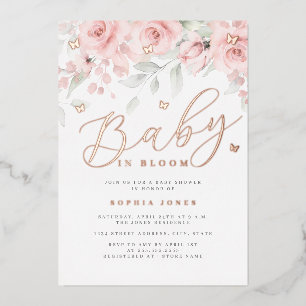 Invitation En Aluminium Bébé rose Gold Floral Butterfly En Fleur